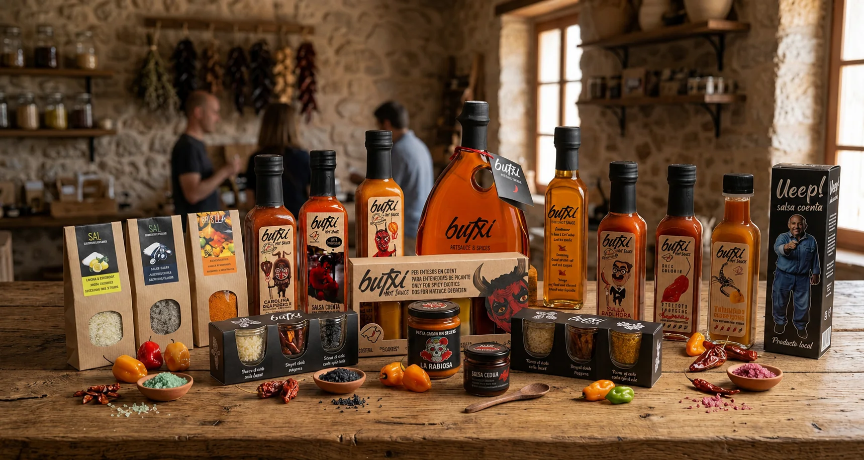 Das BUTXI Sortiment auf einem Holztisch in der Finca: Hot Sauces, Öle, Gewürzsalze und Sets vor einer Natursteinwand