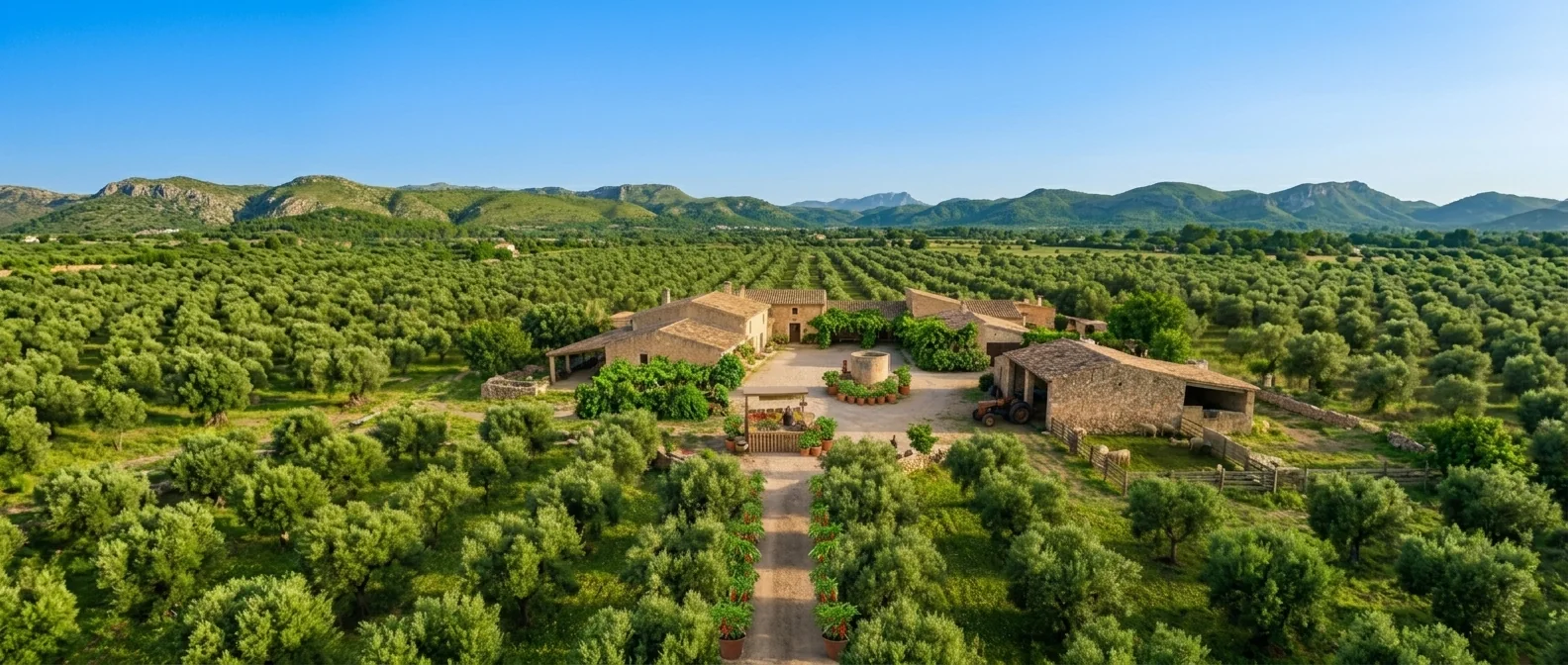 Die BUTXI Finca aus der Luft: Steinhäuser, Innenhof und Olivenhaine vor der Serra de Tramuntana