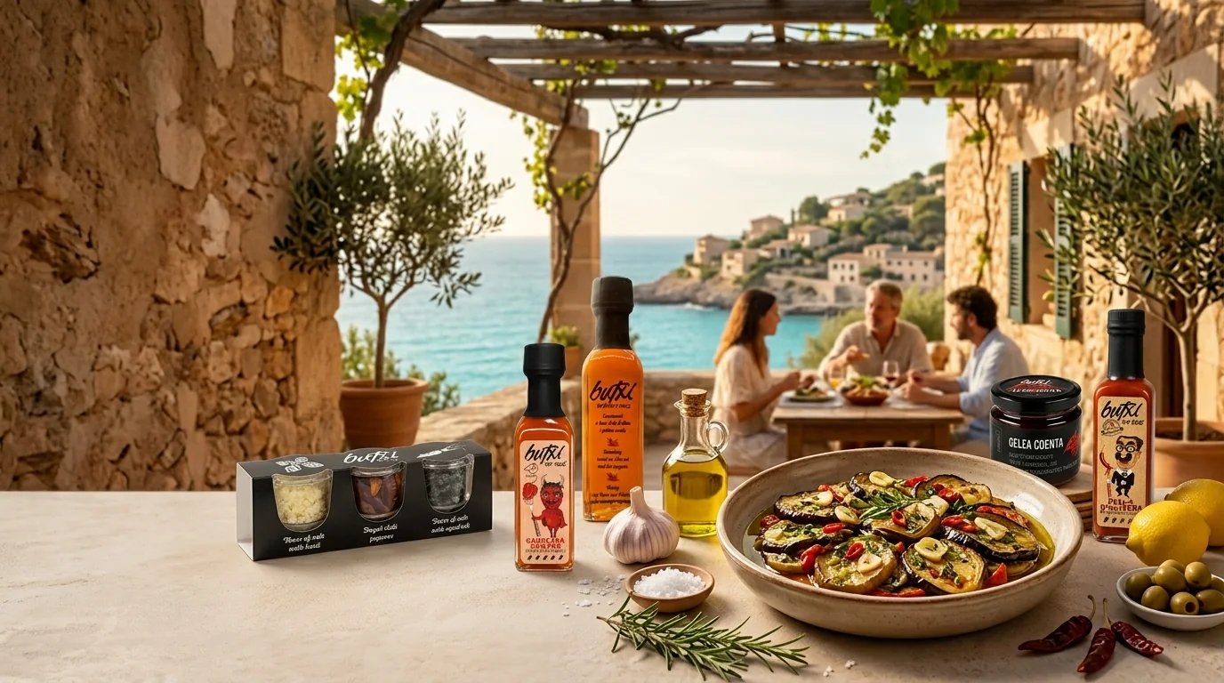 Gedeckter Tisch unter der Pergola mit BUTXI Saucen, Salzen und einer Schale Escalivada, im Hintergrund eine Bucht auf Mallorca