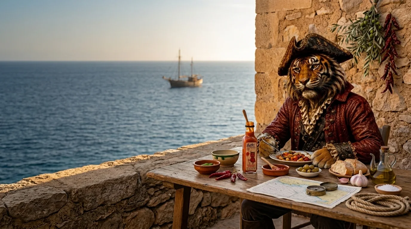 Ein Pirat mit Tigerkopf an einem Holztisch über dem Meer, mit BUTXI Hot Sauce, Seekarte und Segelschiff in der Bucht
