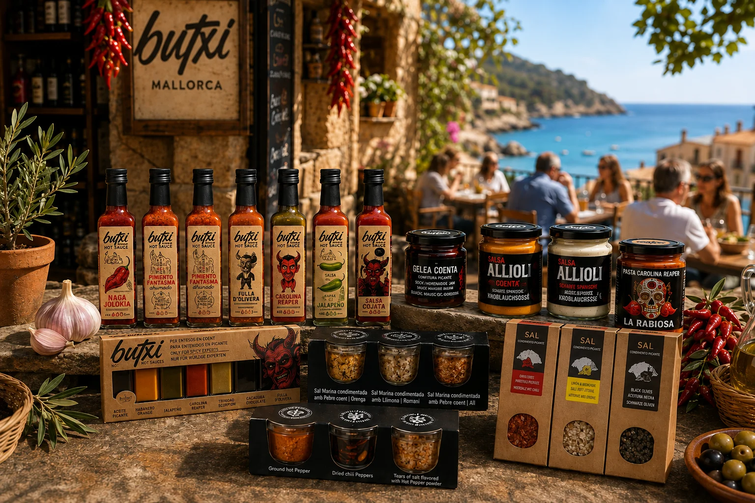 Das BUTXI Sortiment: Hot Sauces, Salsas, Salze und Gewürze vor einer Bucht auf Mallorca