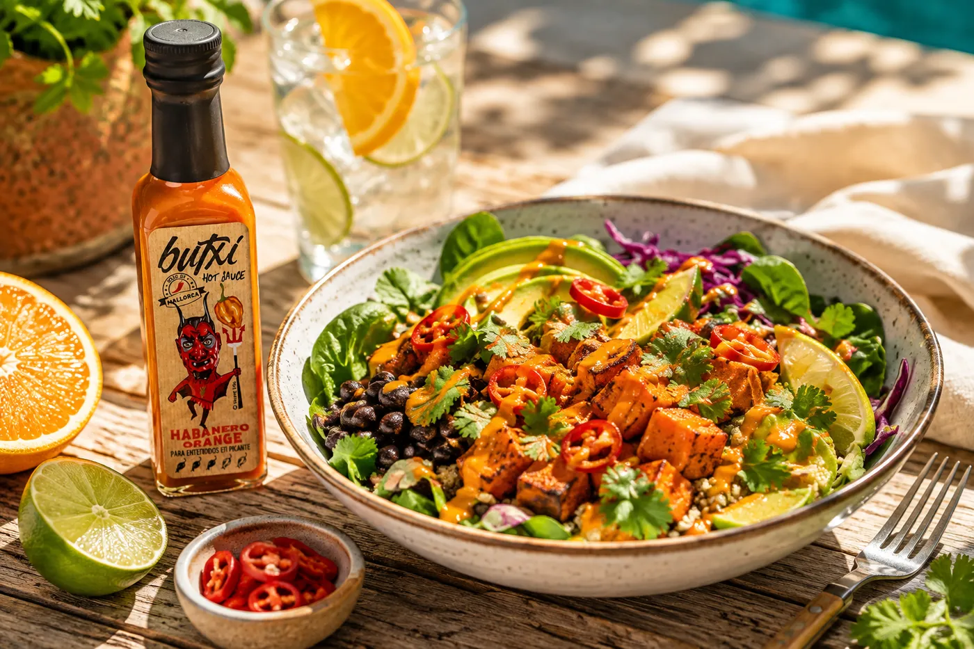 Süßkartoffel-Bowl mit Habanero-Orange-Limetten-Dressing